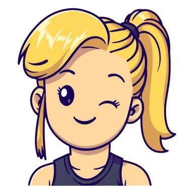 blonde girl with high pony tail hair, winking and making peace sign sticker