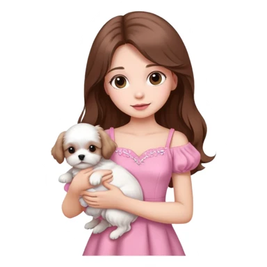beautiful girl with long hair wearing pink dress holding a white Maltese puppy sticker