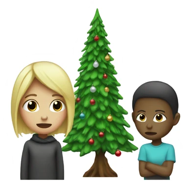 Blonde girl crying next to skinny Christmas tree sticker