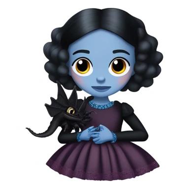 relaxed low-cut back silky black evening ball gown with lace gloves, Jenna Ortega as Wednesday Addams wearing a mini diamond tiara showing off blood blue cute horned dragon hand puppet sticker