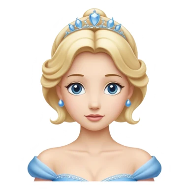 Cinematic Elegant Cinderella Portrait Emoji, rendered in a beautifully detailed, vector-style with minimal shading and bold, simplified shapes. Depict Cinderella in her classic ball gown (chest and above) with fair, porcelain skin and elegantly styled blonde hair, her eyes soft and kind, and her expression serene and graceful. The design glows with a gentle, enchanting radiance and high shine, capturing the timeless beauty of a fairy tale princess. sticker