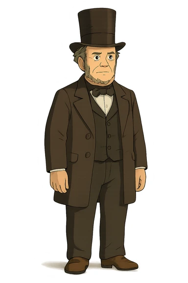 The full body of a US government politician or president from the 1850s wearing a top hat sticker