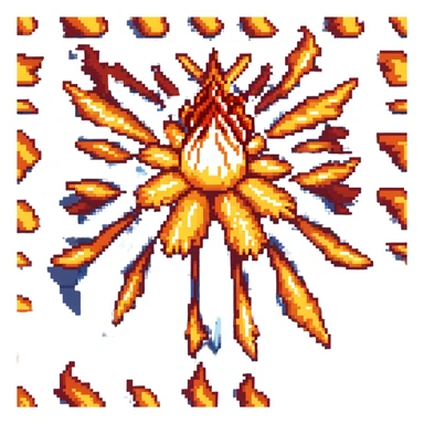 Bomberman downward-facing end-cap explosion tile, flames ending and tapering downward with pronounced flame wisps, orange/yellow with more red at the tips, extending about 70% into down direction sticker