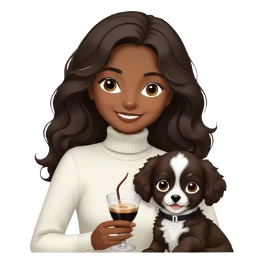 Girl with winged liner. Hair long wavy like Lana del Rey. Hair dark brown. Eyes dark brown. Holding an espresso martini and a black & white little puppy. Wearing a black turtleneck. Looking happy and smiling.  sticker