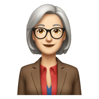 Woman in her 60s, with brown hair, pale skin, glasses, brown eyes, smiling wearing a red blazer, collared shirt,  jeans sticker