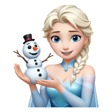 Cinematic Funny Elsa Portrait Emoji, Making a tiny snowman in her hands with a proud grin, looking smug as it dances, an unexpectedly hilarious moment of icy creativity! sticker