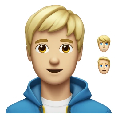 A blonde guy with 2 bangs,left eye blue,right eye yellow,a big white shirt,a yellow coat with a big blue flower shape crystal in the middle of the coat sticker