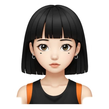 Korean girl, black tank top, black hair, black eyes, layered hair, cool girl, aesthetic, long hair, hime cut, blunt bangs, small silver hoop earrings sticker