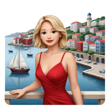 jennifer lawrence, closeup portrait , leaning on a balcony with a harbor and cityscape in the background, smiling, red dress  sticker