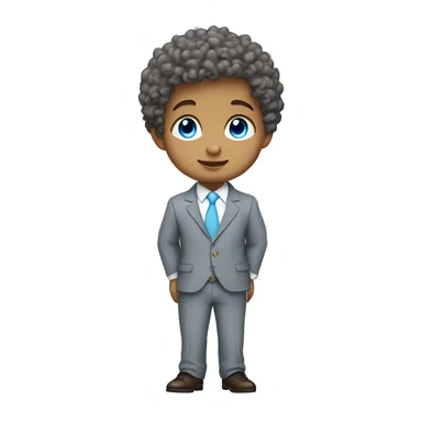 Little white young  gentleman wearing a grey suit with white shirt and baby blue tie with blue eyes ,   brown curly hair and full body . Wearing a watch  sticker