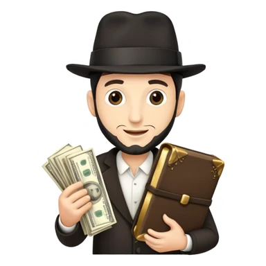 Jewish man with Jewish black hat holding money and Torah greedily sticker