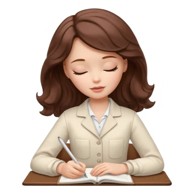 White Barbie girl dark Chestnut bob wavy hair sleeping with In pale creamy color clothes, he writes in a notebook sticker