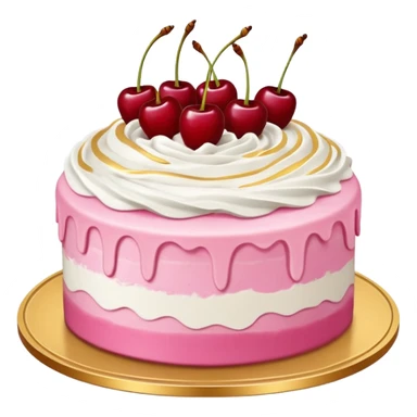 Round pink frosted cake with textured buttercream sides, placed on a gold cake board.
White whipped cream swirls on top, each topped with glossy red cherries with stems, clean studio lighting, isolated background, realistic minimal smooth emoji-style. sticker