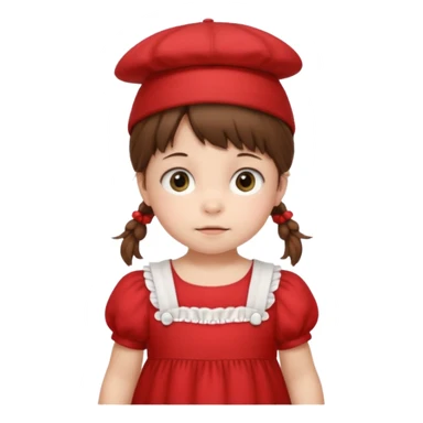 baby girl with brown hair and pigtails with red dress and a hat like My Neighbor Totoro movie sticker