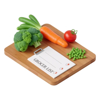 3D isometric illustration of a wooden cutting board with fresh vegetables (carrot, broccoli, tomato, peas), a paper grocery list with checkboxes, soft lighting, realistic textures, floating shadows, minimalistic style, dark background, modern food planning app aesthetic sticker