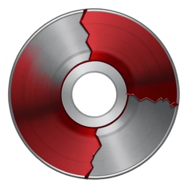 Minimalist emoji-style sticker of a single CD with a sharp crack and a dried blood spot. View from above, black, gray, and muted red.
 sticker
