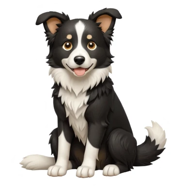 cinematic-[border collie dog]-realistic-full-body-sitting-emoji,-tail-resting-loosely-beside-its-paws,-head-tilted-dramatically,-scruffy-[black and white]-fur,-simplified-yet-realistic-focused-features,-highly-detailed,-glowing-with-an-almost-sarcastic-glow sticker