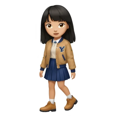 black color long hair with fringe, light skin long hair girl with brown varsity jacket,  navy long long skirt walking

 sticker