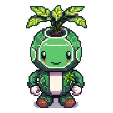 Green bomberman character, nature themed design, plant-like antenna, friendly expression, cute pixel art style sticker
