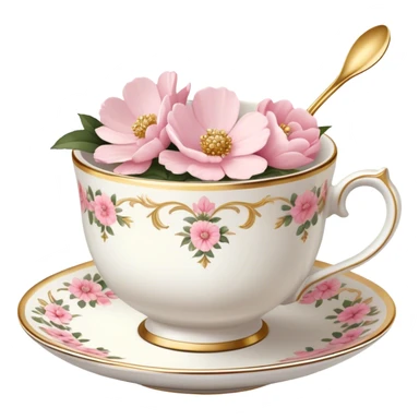 White teacup with baby pink floral antique print with gold accents  sticker