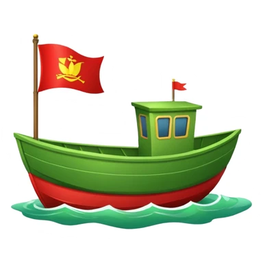 green boat in cartoon having a small place to live and a small red flag on it sticker
