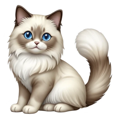 Cinematic-Seal-Ragdoll-Cat-Realistic-Full-Body-Sitting-Emoji – Tail curled playfully around its paws, head tilted dramatically, fluffy brown-and-white fur with darker seal points, simplified yet realistic focused features, highly detailed, glowing with an almost sarcastic glow, piercing blue eyes radiating elegance and charm. sticker