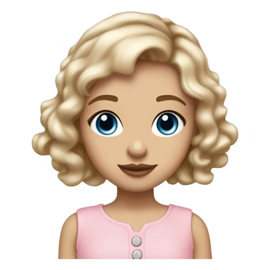 Girl with dirty blonde hair medium length past shoulders , blue/grey eyes with semi long lashes, pale but not albino, light freckles mostly on and around the nose, button nose, not thick but not thin lips with a small cupids bow shape, facing front on with shoulders and up wearing a light pink coquette  sticker