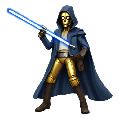 bounty hunter tarnished undercover tough well-equipped Jedi  life-sized darkblue-pearl C3po leather vest clothing pants and vest old west duster coat holding light saber sheriff sticker