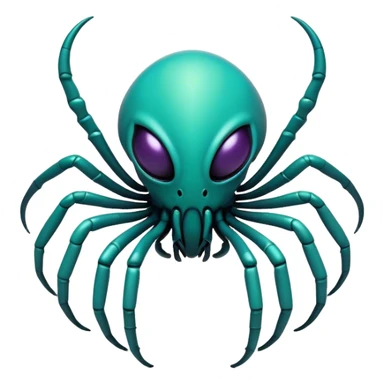 Clash of Clans aesthetic: Cinematic fierce arachnid Alien Emoji, rendered in a 3D vector-style similar to standard emojis with minimal shading and bold, simplified shapes. A compact, isometric, otherworldly creature with insectoid, organic details and subtle, eerie tentacles, softly glowing with a sinister alien charm. Simplified yet unmistakably iconic, highly detailed and consistent, glowing with a soft, spectral radiance and high shine. Stylized with a touch of bio-engineered mischief and a soft glowing outline, capturing the essence of a fearsome extraterrestrial menace with a playful twist! sticker