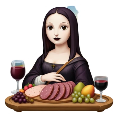  goth mona lisa with SPAM MEAT charcuterie and fruit tray renaissance landscape sticker