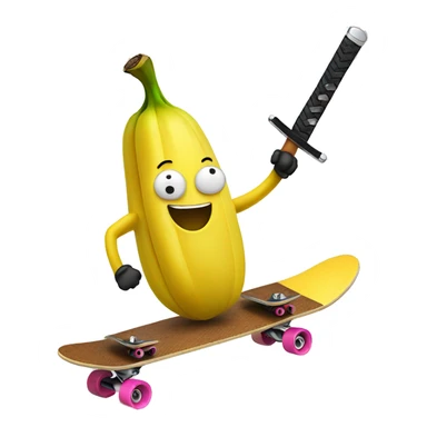 Banana on a skateboard with a samurai sword sticker