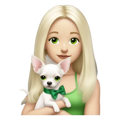 pale blond girl with long platinum hair with green eyes holding a white chihuahua puppy that wearing a pink bow sticker
