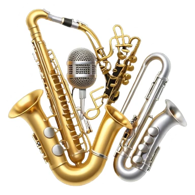 Create an artistic and dynamic emoji representing jazz vocal performance, featuring a vintage microphone as the central focus. Surround the microphone with traditional jazz instruments, such as a saxophone, trumpet, and upright bass, arranged in a harmonious, flowing design. Add musical notes and sound waves emanating from the microphone to symbolize the improvisational and expressive nature of jazz vocals. The instruments should have a polished, classic appearance with metallic gold and silver accents. Use rich colors like deep black, gold, and burgundy to evoke the sophisticated and soulful atmosphere of a jazz club. The background should be transparent. sticker