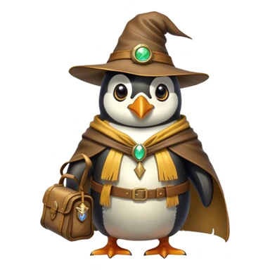 A wizard-explorer penguin inspired by Indiana Jones, wearing a weathered yellow enchanted hat and a flowing cape. It carries a leather satchel with ancient scrolls and holds a glowing magical relic. Cartoon-style, smooth shading, highly detailed, no background sticker