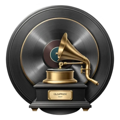 A dark metal platinum music award plaque The center features a relief of a vintage gramophone or stylized vinyl record in a slightly darker metallic tone sticker