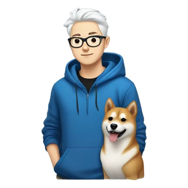 A young guy with white hair ponytail white skin black-framed glasses and nose piercing wearing  blue hoodie and a Shiba Inu dog next to him sticker