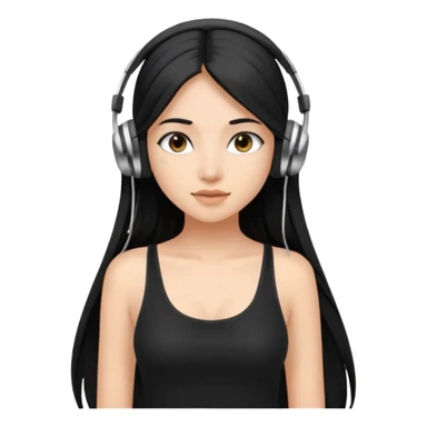 a fair indian girl with straight black long hair, wearing a black cami top. and wearing silver  headphones on sticker