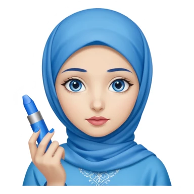 Turkish beautiful finish Konya girl blue eyes with blue hijab islamic dress and had on her hand blue lipstick and hold it sticker