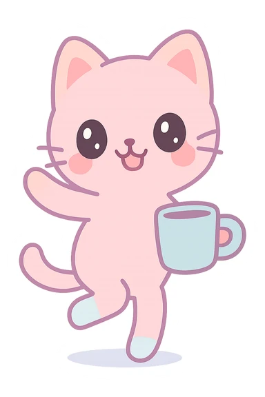kawaii style anthropomorphic cat dancing with a coffee mug sticker