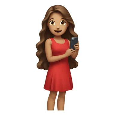 a white girl with log brown hair in a red dress holding a cell phone showing it sticker
