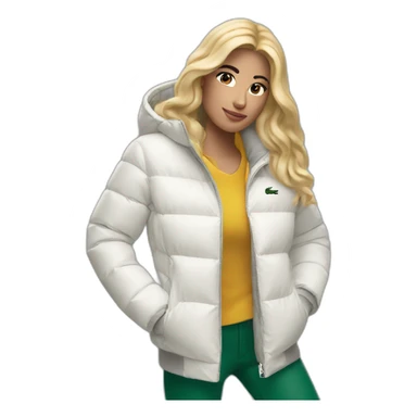 blond latina woman using Lacoste puffer jacket sticker