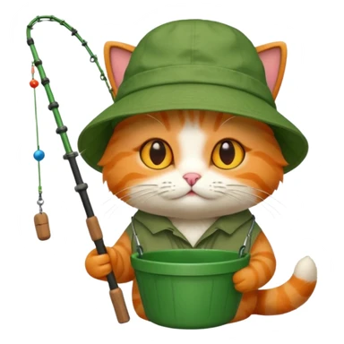cat holding fishing rod with bucket hat green sticker