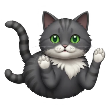 solid dark grey cat with green eyes, completely solid grey face, white toes/paws playing rolling upside down sticker