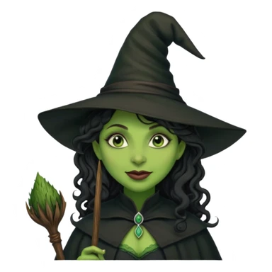 elphaba the wicked witch from wicked movie (cynthia erivo) dark long curly hair, thick lips, wide nose, green skins, witch hat, witch broom, evil, wicked musical film, evil smirk evil scary cynthia erivo sticker