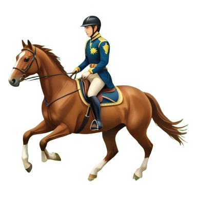 An icon featuring a horse and rider galloping gracefully over a lush green field. The rider is in full gear, guiding the horse with precision. The background shows rolling hills, a clear blue sky, and vibrant sunlight illuminating the scene. Transparent background highlights the elegance sticker