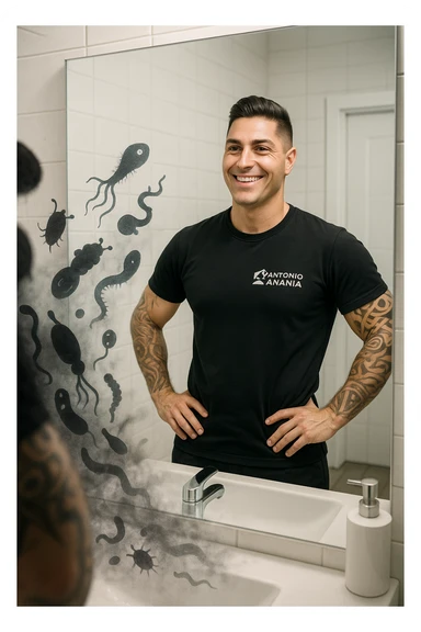 a man stands in a brightly lit bathroom, looking relieved and revitalized as he examines his reflection in the mirror. In the foreground, stylized, shadowy images of parasites (such as worms or protozoa) are shown leaving his body, dissolving into mist or fading away. His posture is upright and his expression is one of newfound energy and health. sticker