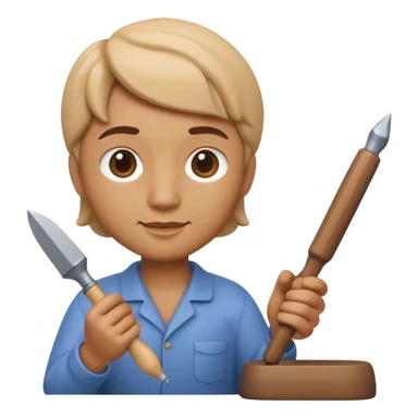 Apple Memoji-style 3D emoji of a sculptor with a small statue and chisel, smooth gradients, rounded edges, no background.during sculpting sticker