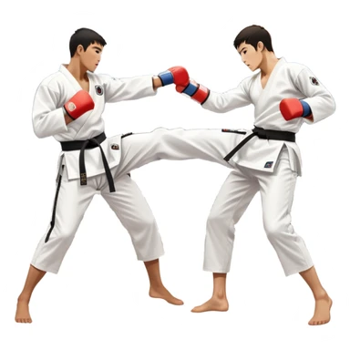 Two taekwondo fighters in traditional white doboks with black belts. One delivers a powerful kick, while the other defends by blocking with his knee. The background shows a professional arena with bright lights and an excited crowd. Transparent background highlights the intense action sticker