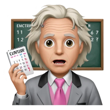 Doc Brown, in Back to the Future, with his hair all over the place and his mouth wide open. No glasses. Wearing a silver dress with black trim, a pink collared shirt and a white tie, holding a calendar.  sticker