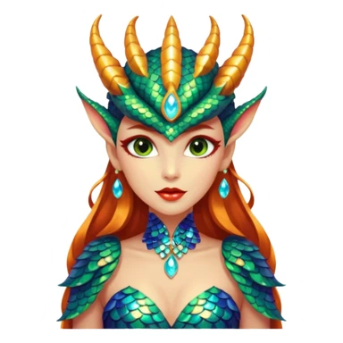 A gorgeous dragon woman with glittering jeweled scales covering her body and face. She has large almond shaped eyes, lush lips, and she wears a stunning luminescent gown. sticker